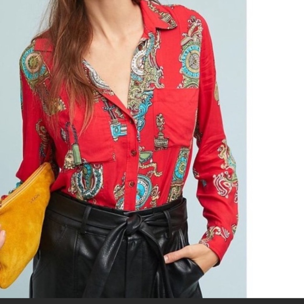 Anthropologie Red Button Down Shirt with Paisley Print